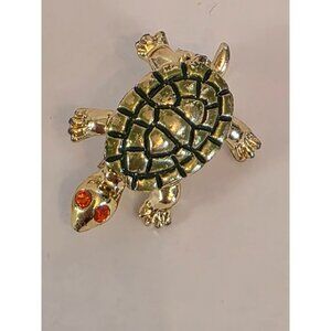 Turtle Animal Brooch Pin With Red Gem Eyes Gold-Plated & Green Enamel